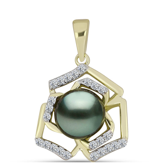 Colgante de Plata Bañada en Oro con Perla de río Tahiti verde ilusión y Topacio Blanco