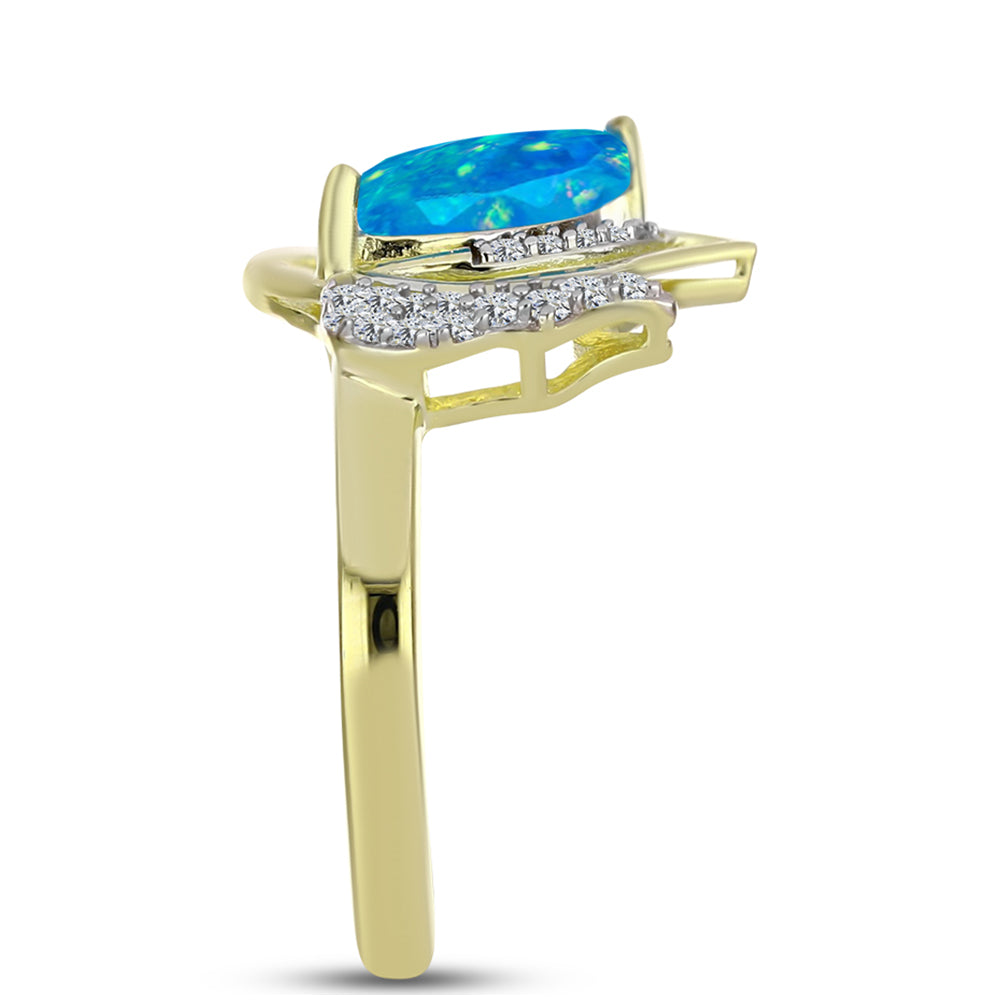 Anillo de Plata Bañada en Oro con Ópalo Azul Paraiba de Etiopía y Topacio Blanco 4 