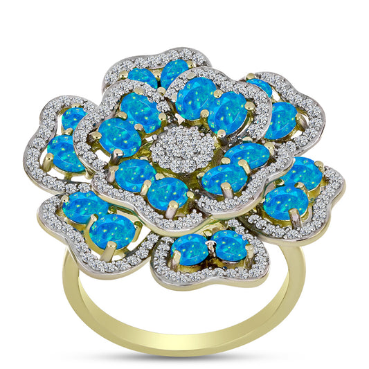 Anillo de Plata Bañada en Oro con Ópalo Azul Paraiba de Etiopía y Topacio Blanco
