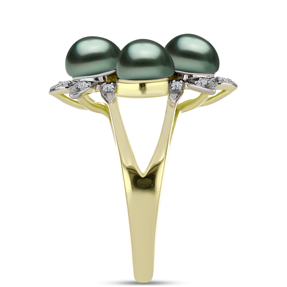 Anillo de Plata Bañada en Oro con Perla de río Tahiti verde ilusión y Topacio Blanco 4 