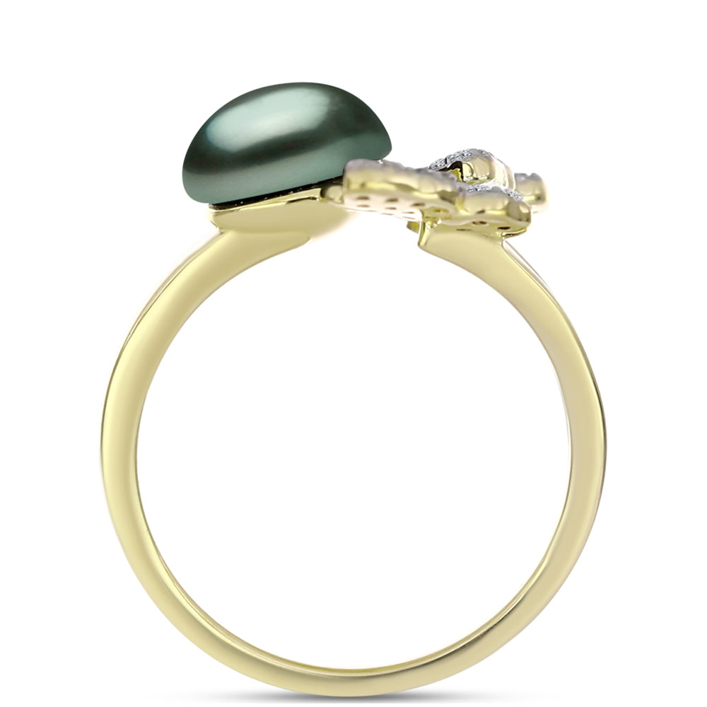 Anillo de Plata Bañada en Oro con Perla de río Tahiti verde ilusión y Topacio Blanco 2 