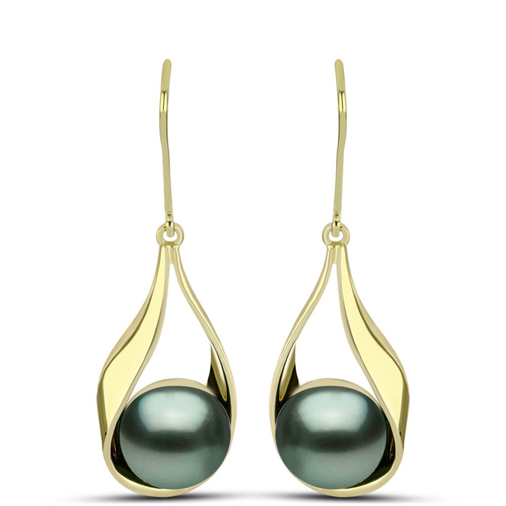 Pendientes de Plata Bañada en Oro con Perla de río Tahiti verde ilusión