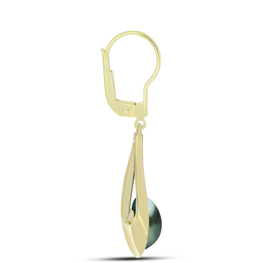 Pendientes de Plata Bañada en Oro con Perla de río Tahiti verde ilusión