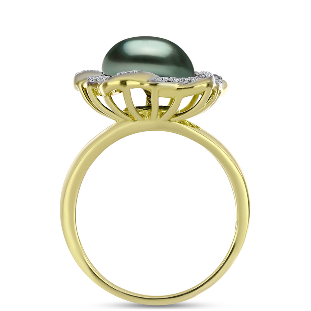 Anillo de Plata Bañada en Oro con Perla de río Tahiti verde ilusión y Topacio Blanco 2 