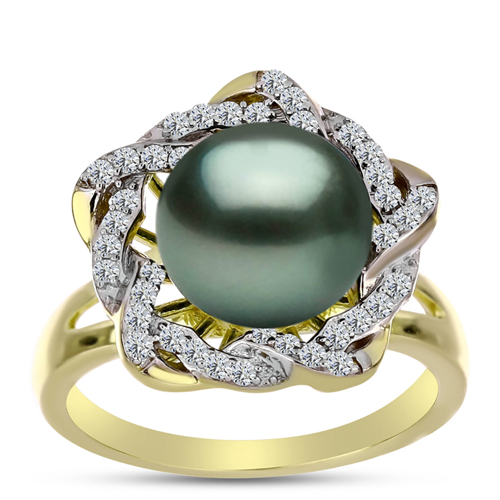 Anillo de Plata Bañada en Oro con Perla de río Tahiti verde ilusión y Topacio Blanco 3 