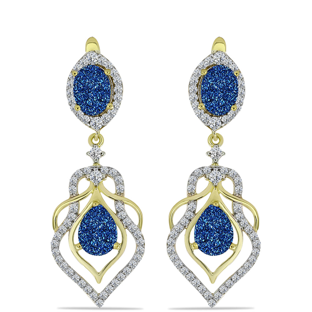 Pendientes de Plata Bañada en Oro con Drusa Azul y Topacio Blanco
