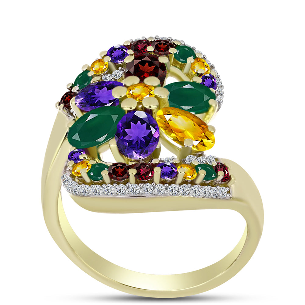 Anillo de Plata Bañada en Oro con Amatista de Marruecos y Citrino de los Montes Urales