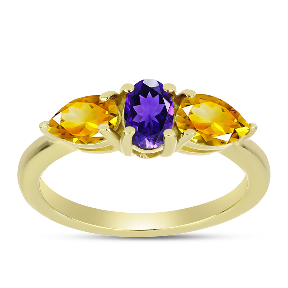 Anillo de Plata Bañada en Oro con Amatista de Marruecos y Citrino de los Montes Urales