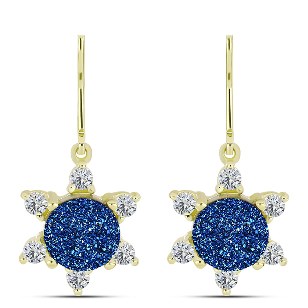Pendientes de Plata Bañada en Oro con Drusa Azul y Topacio Blanco 1 