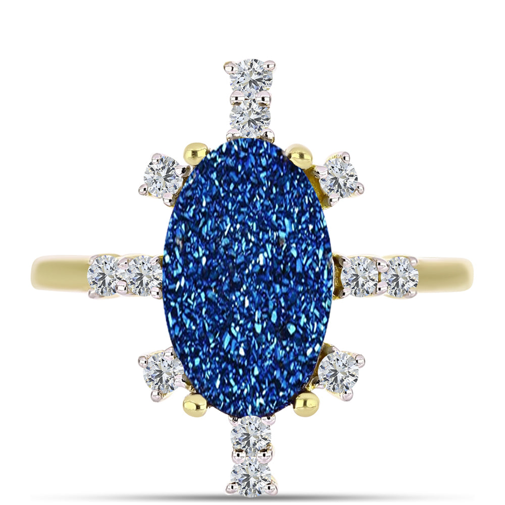 Anillo de Plata Bañada en Oro con Drusa Azul y Topacio Blanco