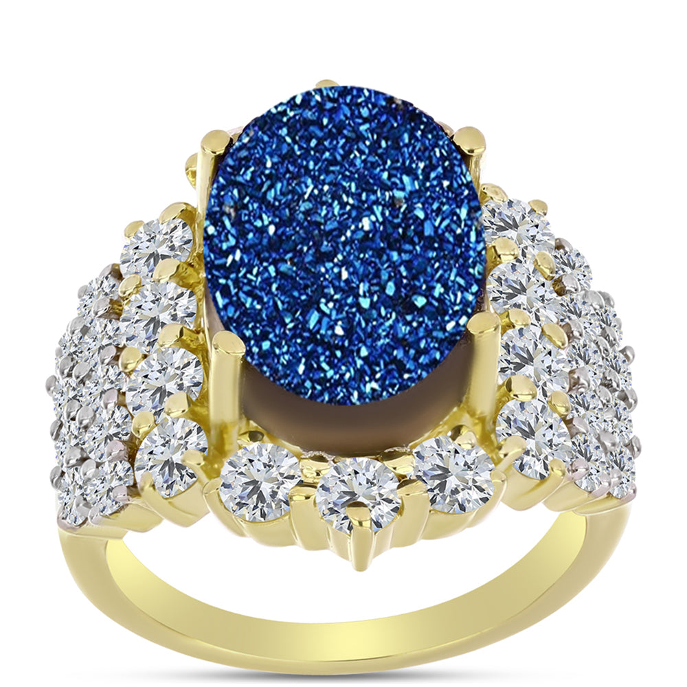 Anillo de Plata Bañada en Oro con Drusa Azul y Topacio Blanco