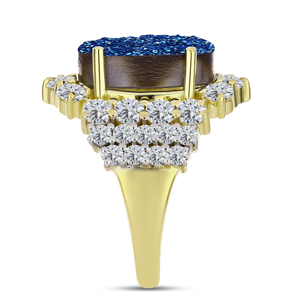 Anillo de Plata Bañada en Oro con Drusa Azul y Topacio Blanco