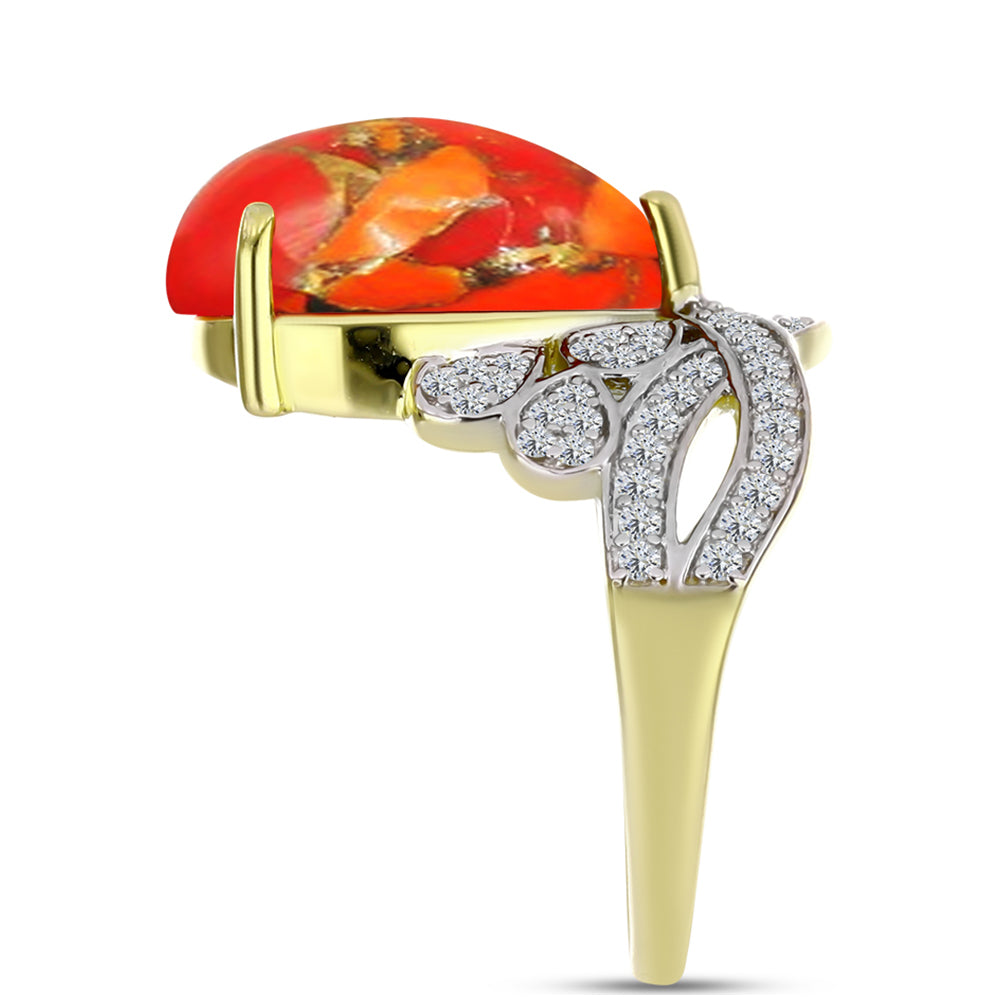 Anillo de Plata Bañada en Oro con Turquesa de Mohave y Topacio Blanco