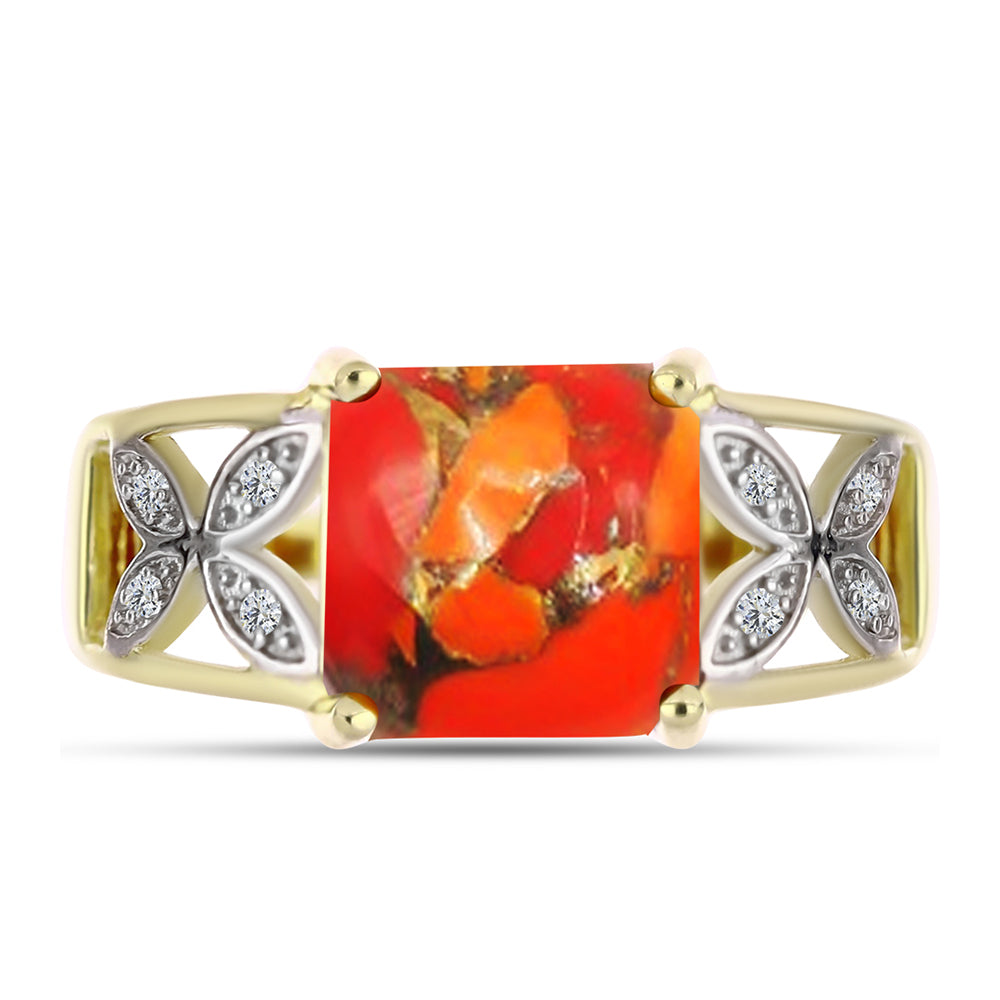 Anillo de Plata Bañada en Oro con Turquesa de Mohave y Topacio Blanco