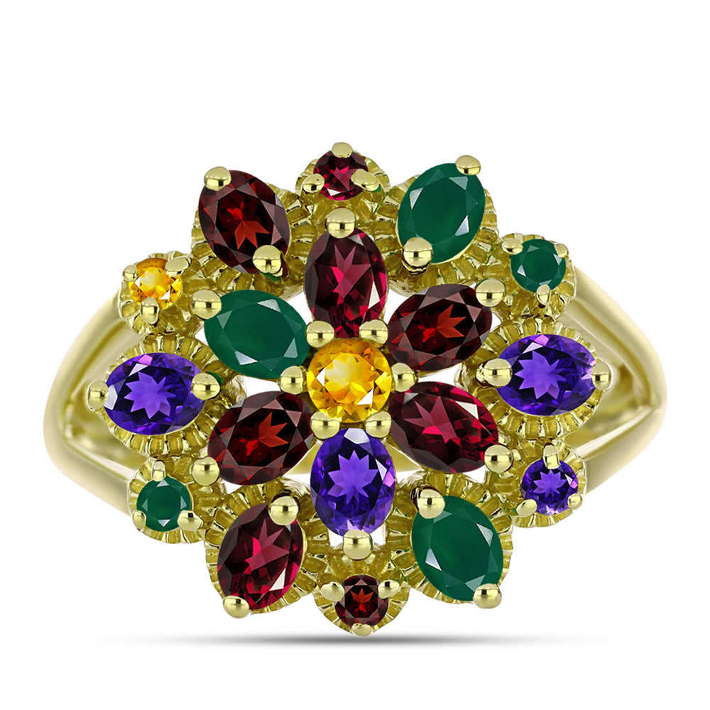 Anillo de Plata Bañada en Oro con Amatista de Marruecos y Ágata Verde