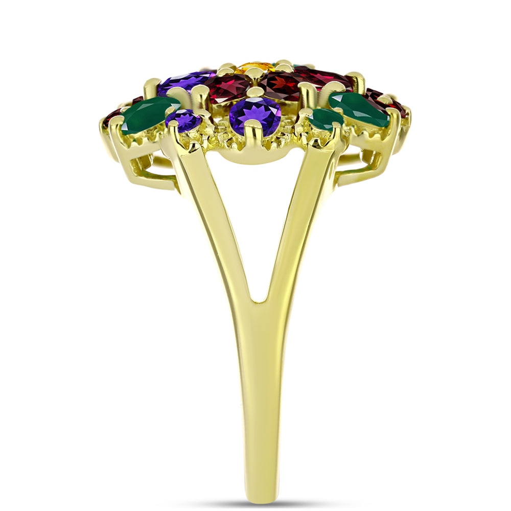 Anillo de Plata Bañada en Oro con Amatista de Marruecos y Ágata Verde