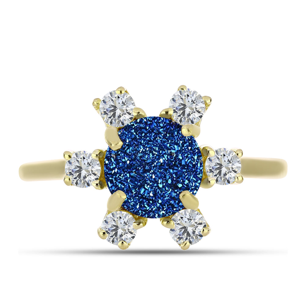 Anillo de Plata Bañada en Oro con Drusa Azul y Topacio Blanco