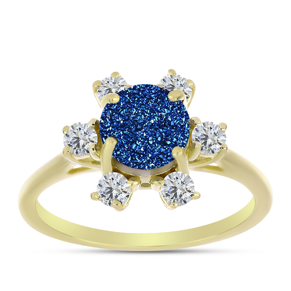 Anillo de Plata Bañada en Oro con Drusa Azul y Topacio Blanco
