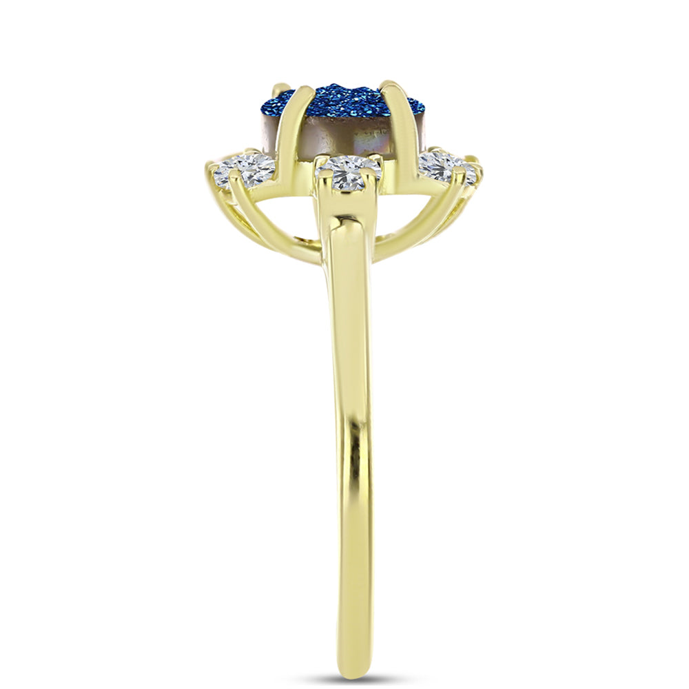Anillo de Plata Bañada en Oro con Drusa Azul y Topacio Blanco 4 
