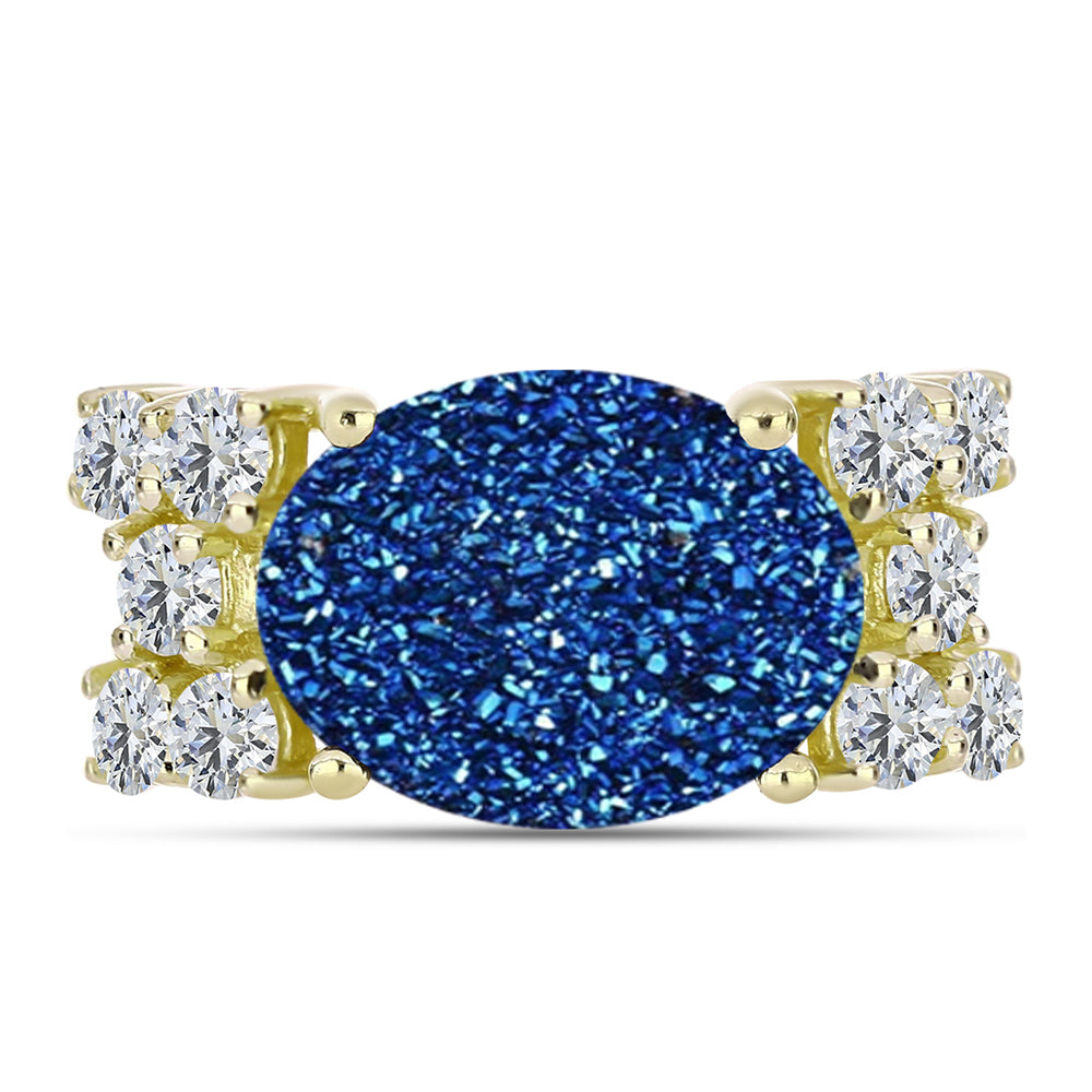 Anillo de Plata Bañada en Oro con Drusa Azul y Topacio Blanco