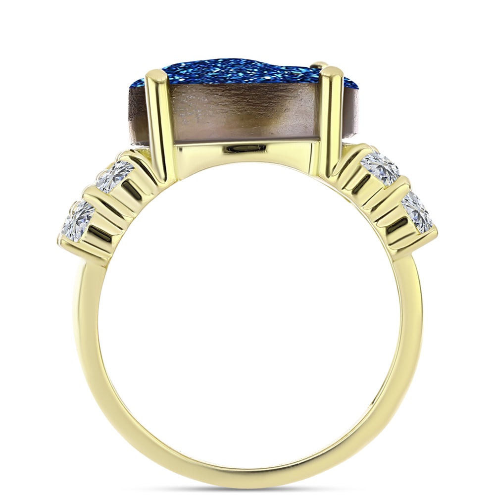 Anillo de Plata Bañada en Oro con Drusa Azul y Topacio Blanco 2 