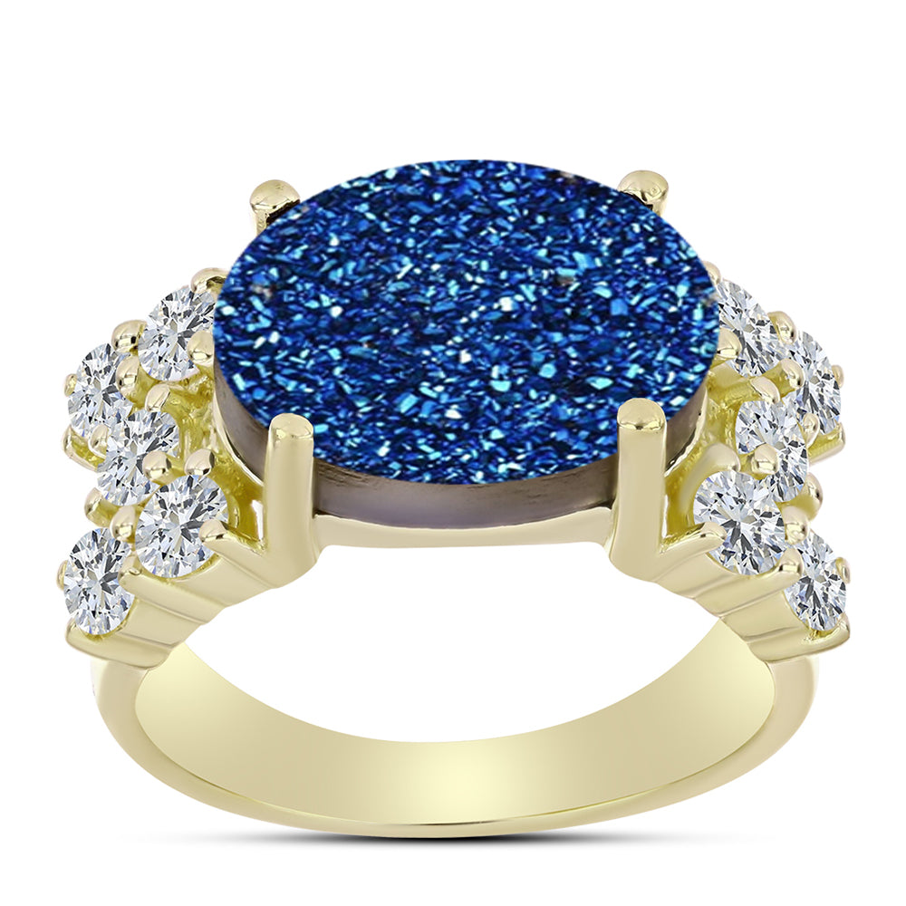 Anillo de Plata Bañada en Oro con Drusa Azul y Topacio Blanco