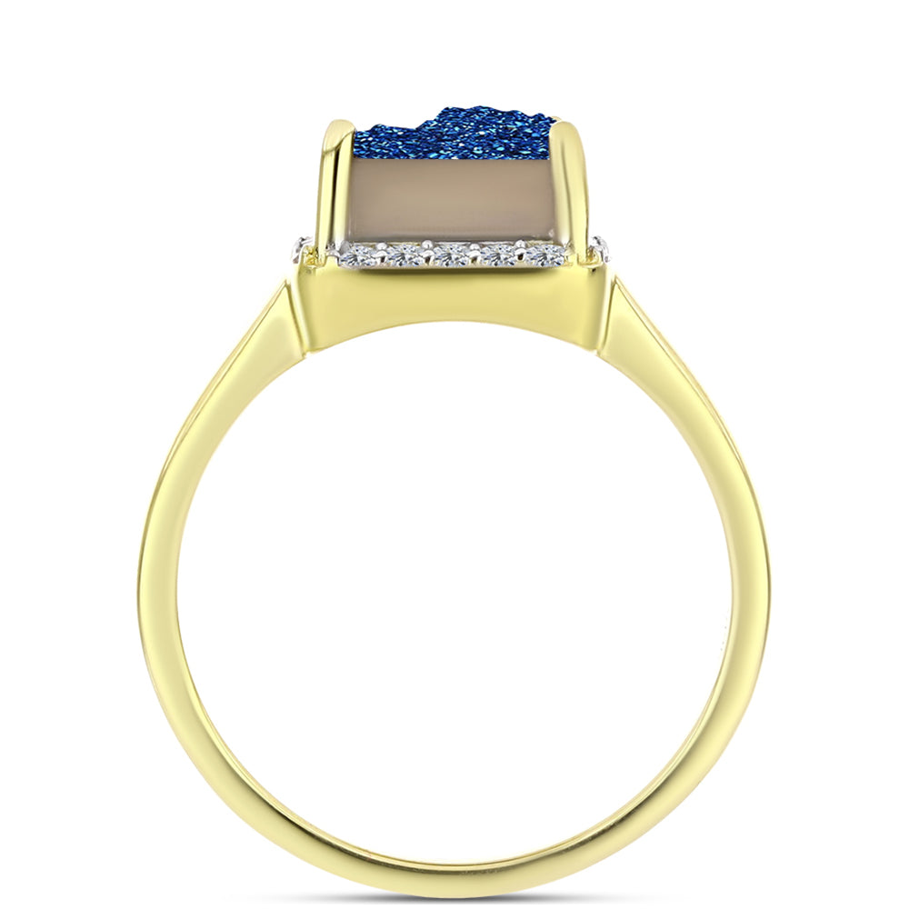 Anillo de Plata Bañada en Oro con Drusa Azul y Topacio Blanco