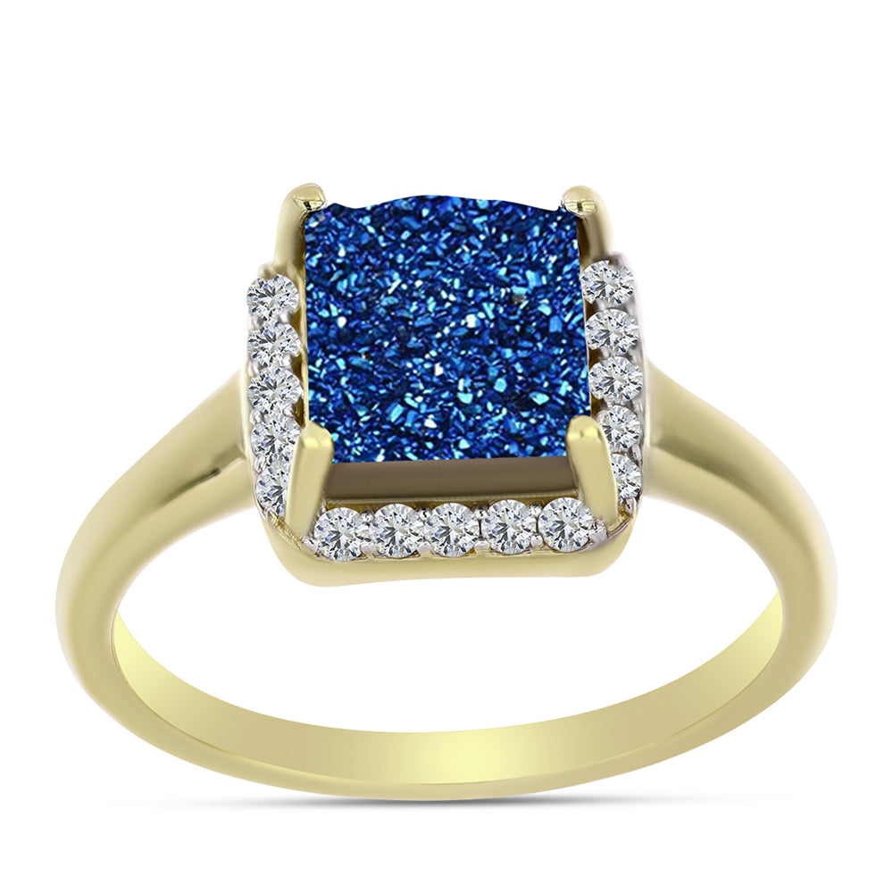 Anillo de Plata Bañada en Oro con Drusa Azul y Topacio Blanco