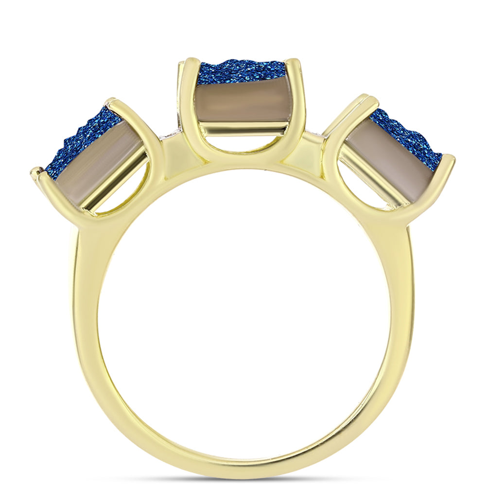 Anillo de Plata Bañada en Oro con Drusa Azul y Topacio Blanco 2 