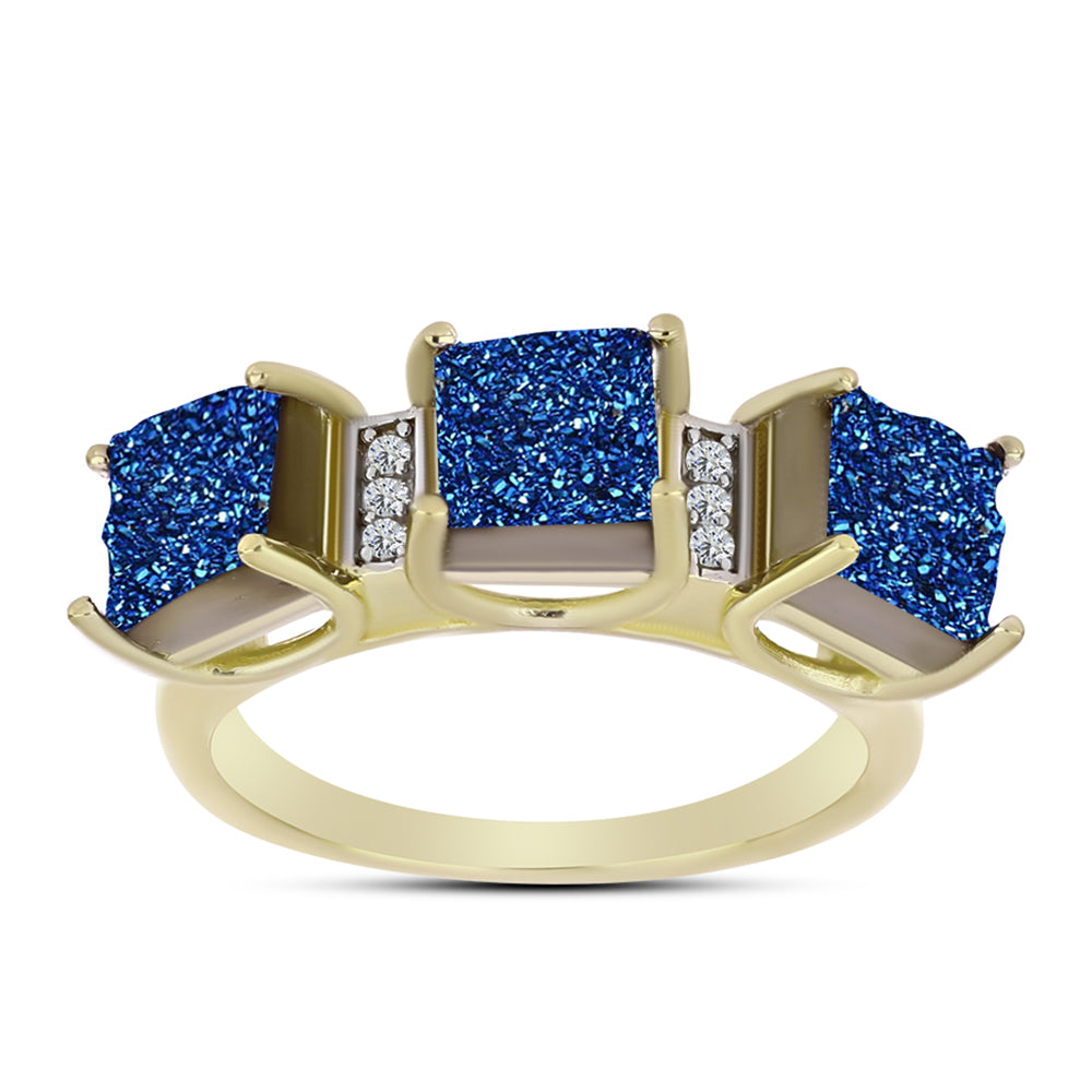 Anillo de Plata Bañada en Oro con Drusa Azul y Topacio Blanco
