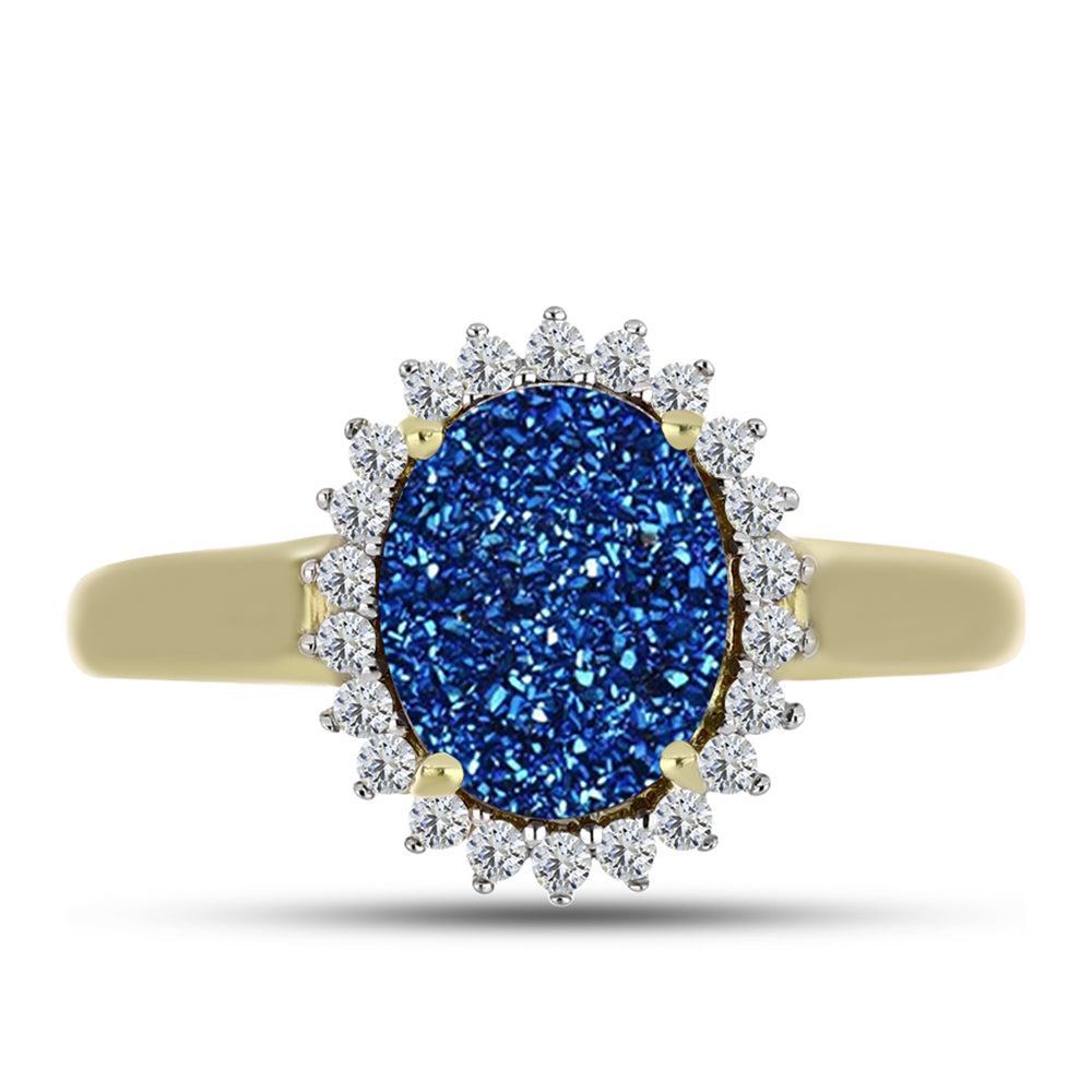 Anillo de Plata Bañada en Oro con Drusa Azul y Topacio Blanco 1 