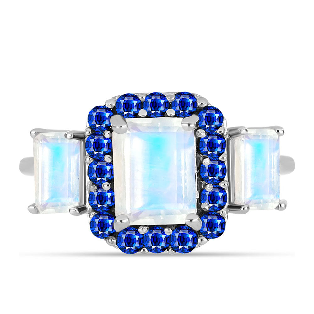 Anillo de Plata con Zafiro Azul Australiano y Piedra Lunar Arco Iris