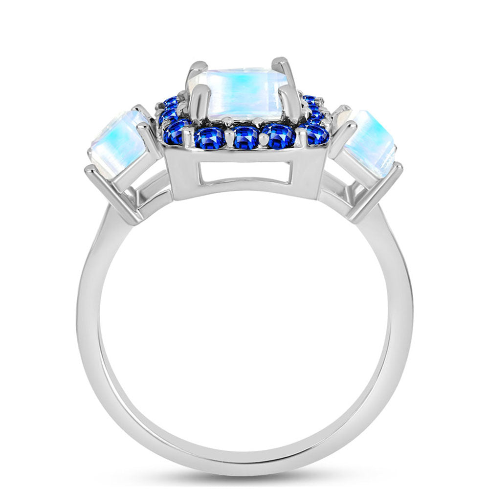 Anillo de Plata con Zafiro Azul Australiano y Piedra Lunar Arco Iris