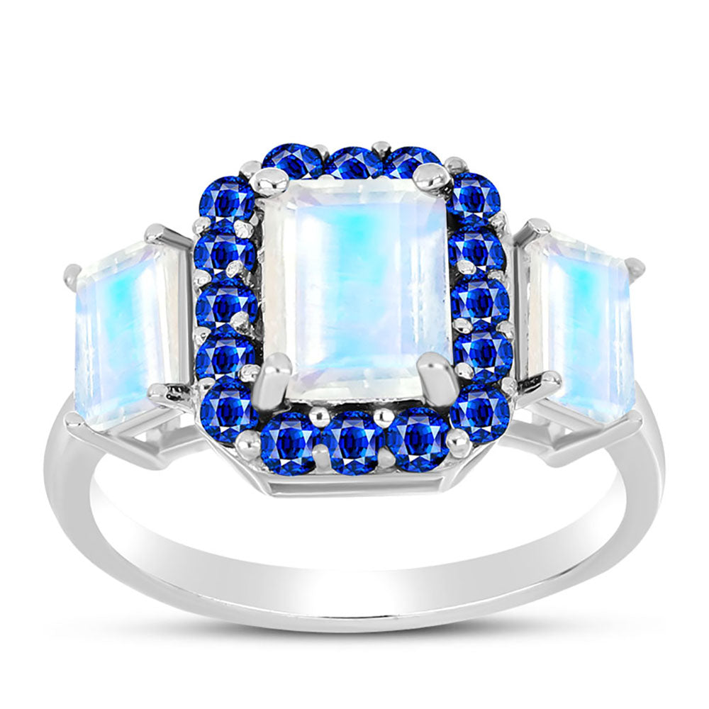 Anillo de Plata con Zafiro Azul Australiano y Piedra Lunar Arco Iris 3 