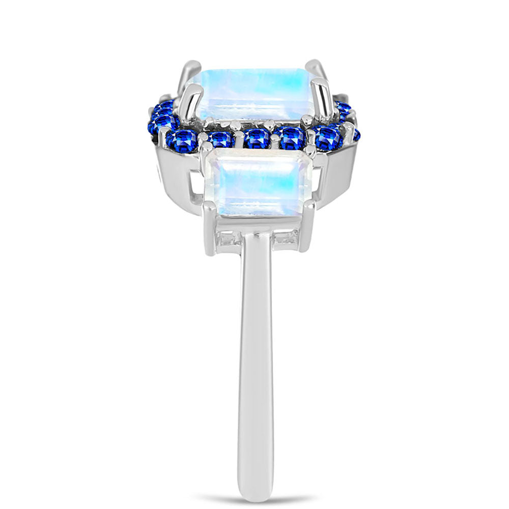 Anillo de Plata con Zafiro Azul Australiano y Piedra Lunar Arco Iris
