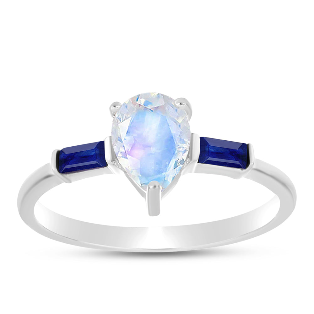 Anillo de Plata con Zafiro Azul Australiano y Piedra Lunar Arco Iris 3 