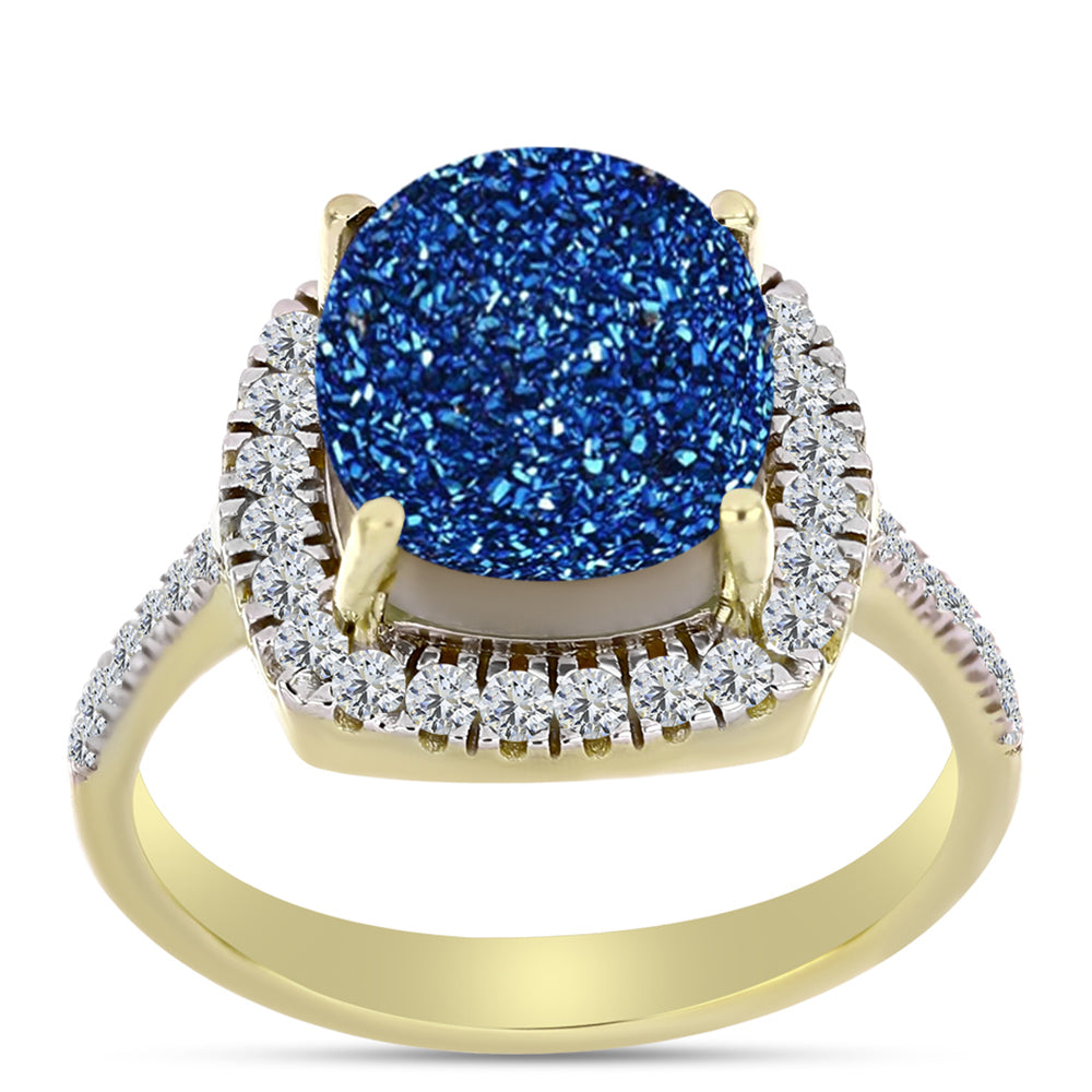 Anillo de Plata Bañada en Oro con Drusa Azul y Topacio Blanco
