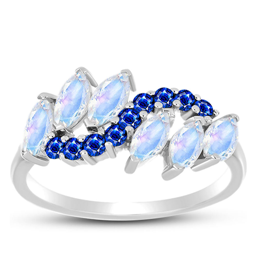 Anillo de Plata con Zafiro Azul Australiano y Piedra Lunar Arco Iris 3 