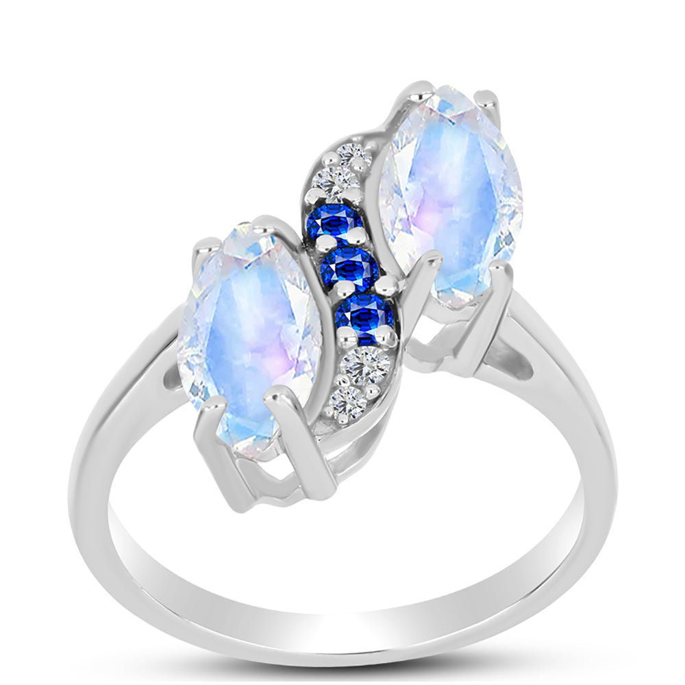 Anillo de Plata con Zafiro Azul Australiano y Piedra Lunar Arco Iris 3 
