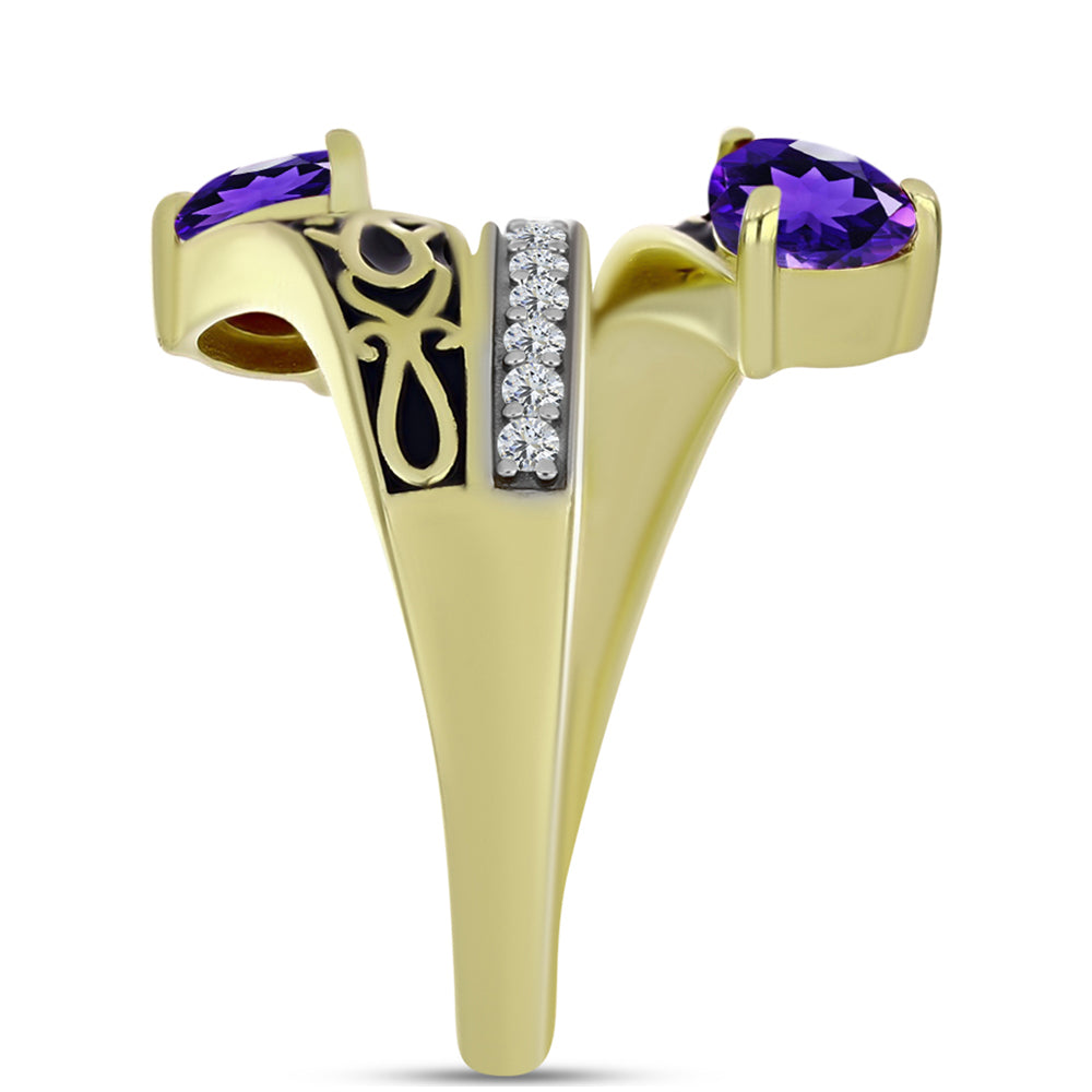 Anillo de Plata Bañada en Oro con Amatista de Marruecos y Topacio Blanco