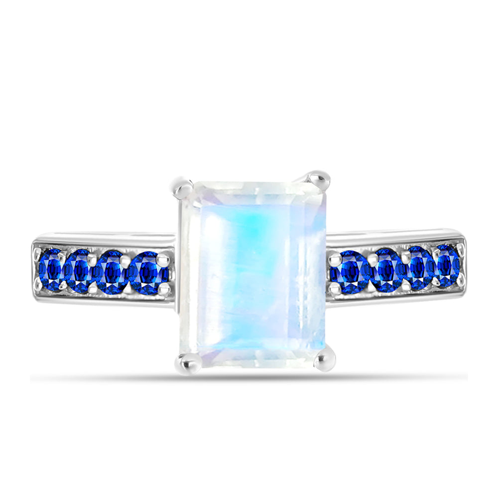 Anillo de Plata con Zafiro Azul Australiano y Piedra Lunar Arco Iris