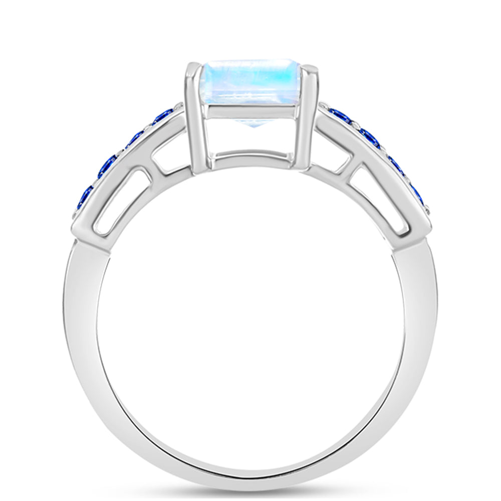 Anillo de Plata con Zafiro Azul Australiano y Piedra Lunar Arco Iris 2 