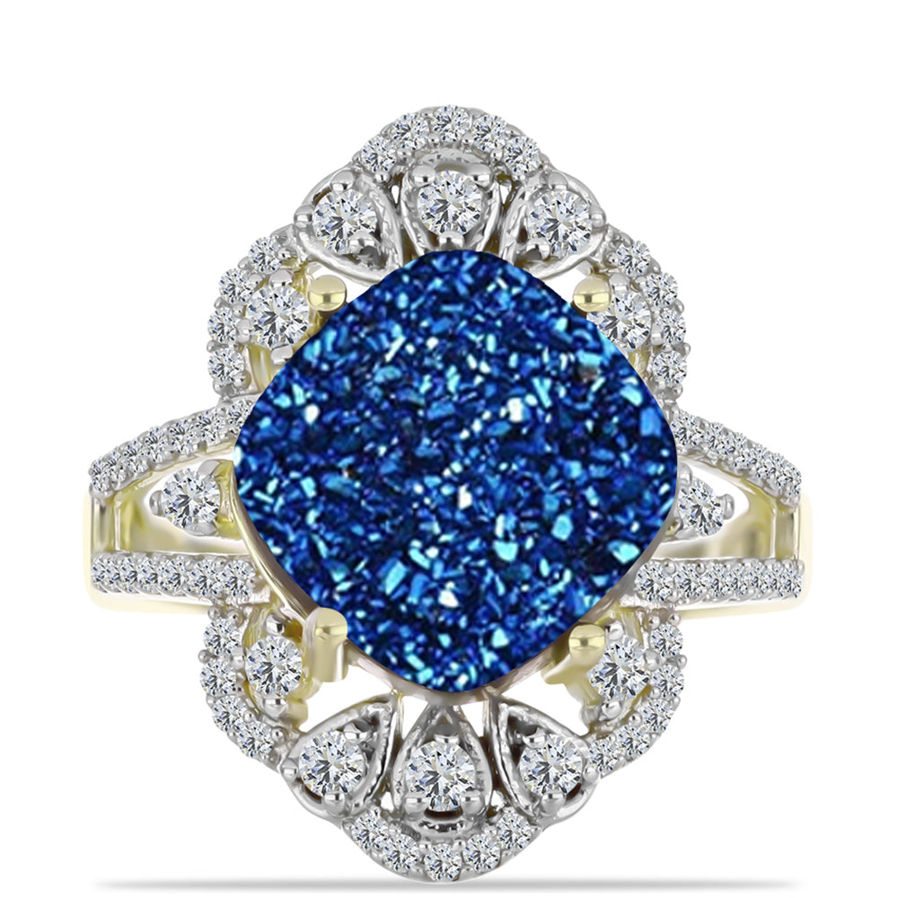 Anillo de Plata Bañada en Oro con Drusa Azul y Topacio Blanco 1 