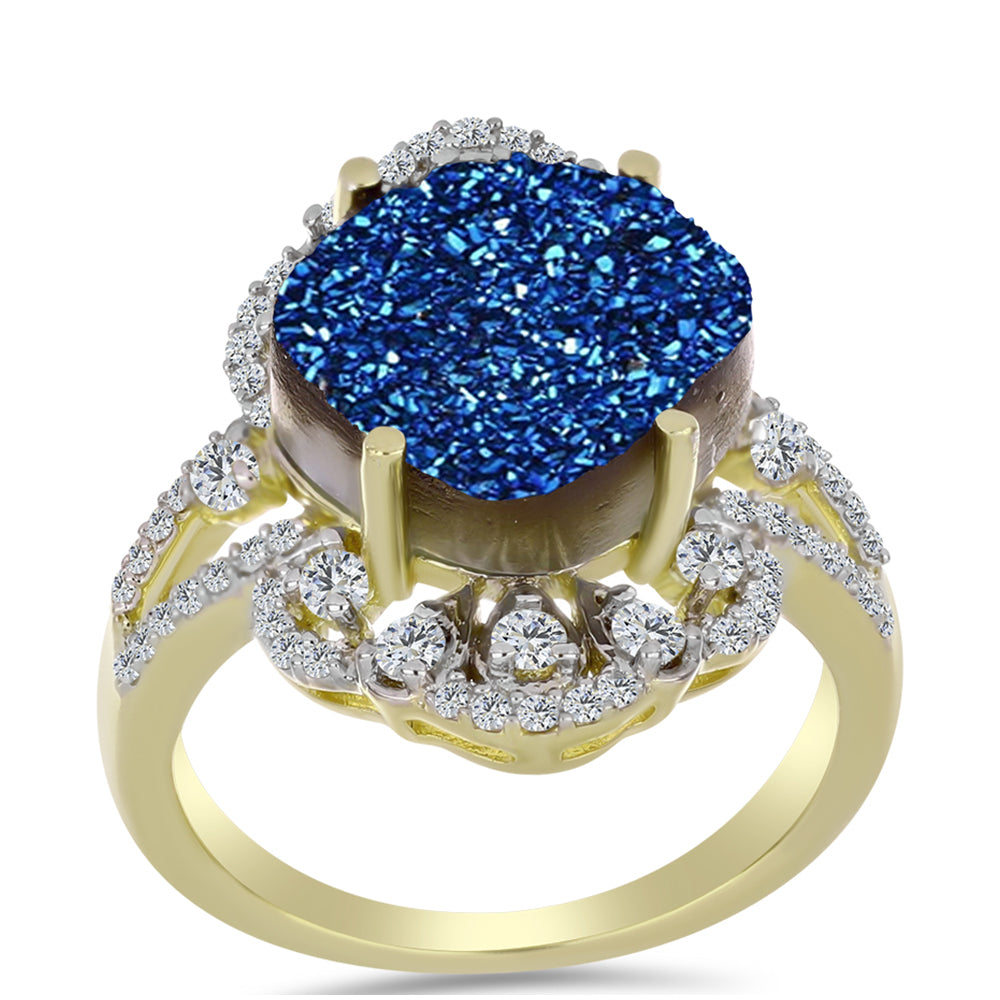 Anillo de Plata Bañada en Oro con Drusa Azul y Topacio Blanco 3 