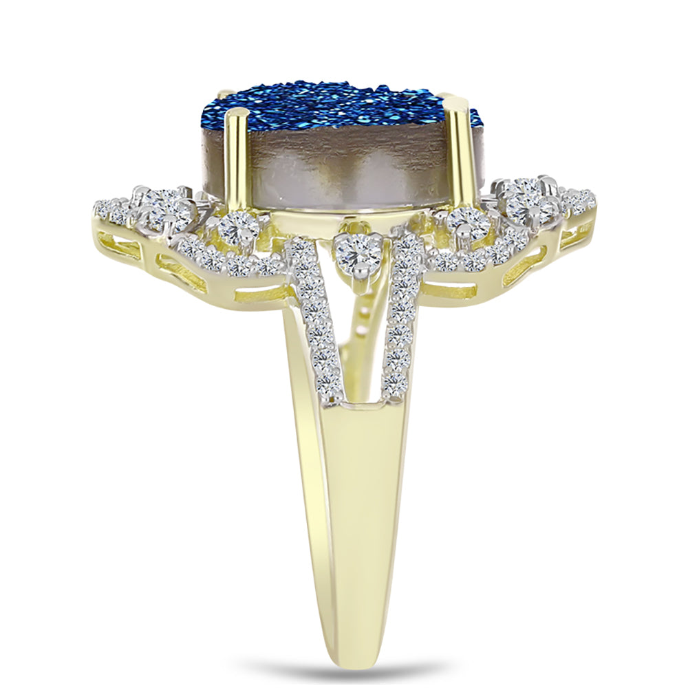 Anillo de Plata Bañada en Oro con Drusa Azul y Topacio Blanco 4 