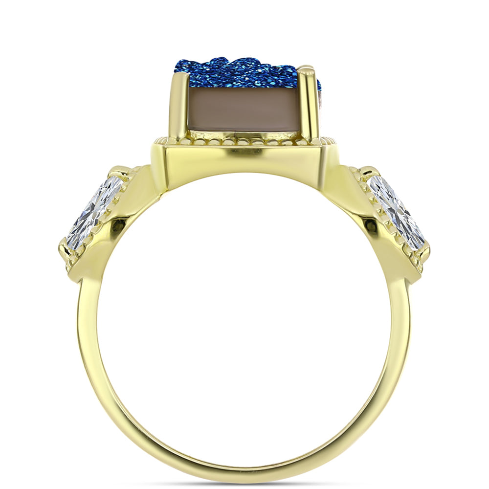 Anillo de Plata Bañada en Oro con Drusa Azul y Topacio Blanco