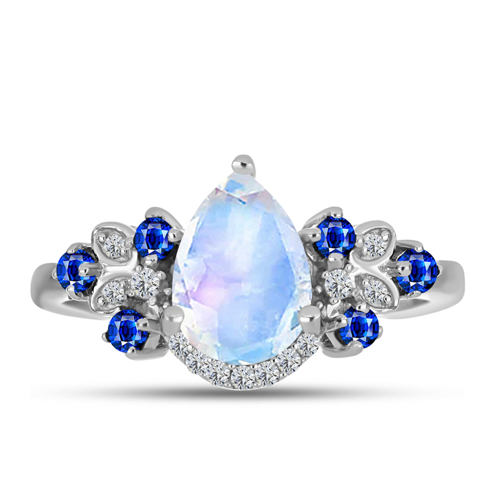 Anillo de Plata con Zafiro Azul Australiano y Piedra Lunar Arco Iris
