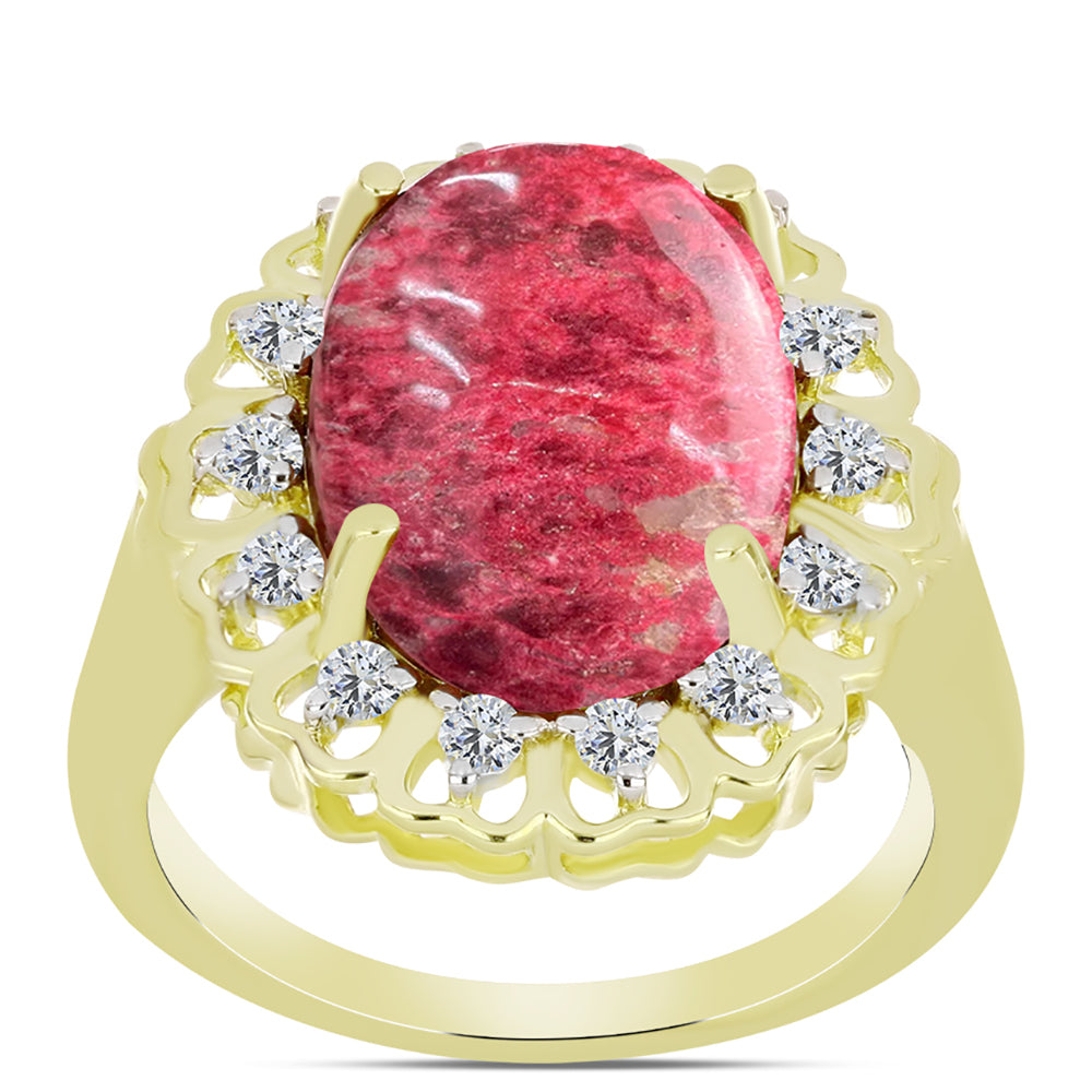 Anillo de Plata Bañada en Oro con Thulita y Topacio Blanco