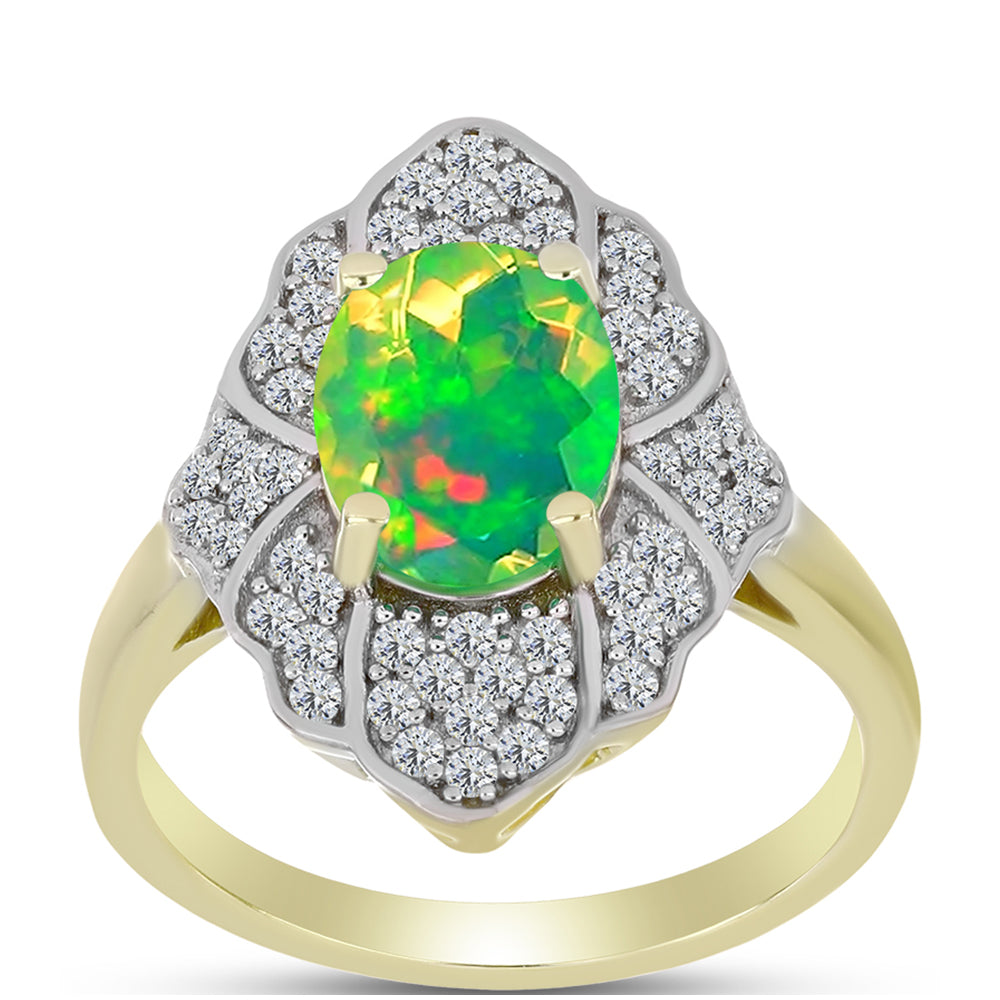 Anillo de Plata Bañada en Oro con Ópalo Verde Etíope de Lega Dembi y Topacio Blanco 3 