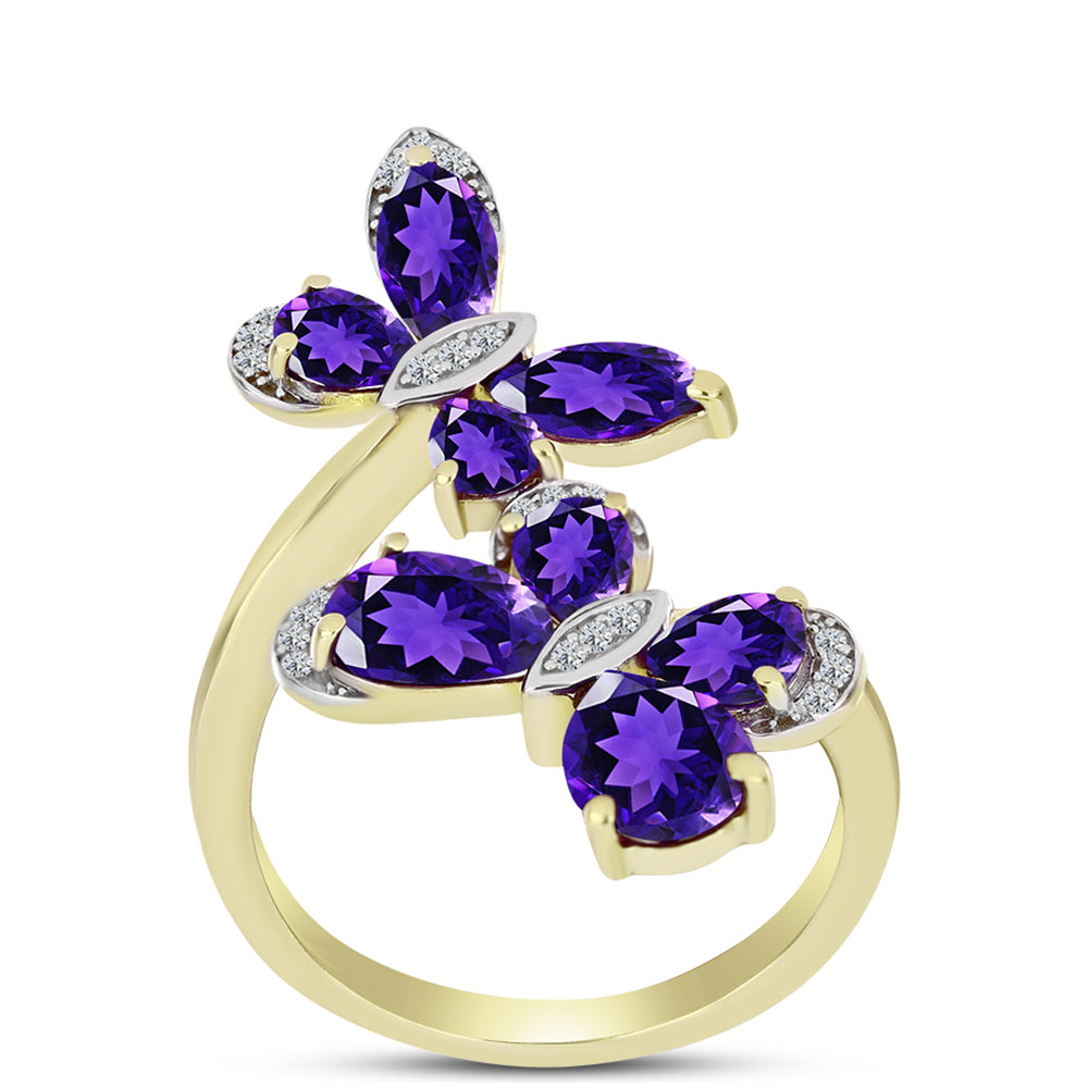 Anillo de Plata Bañada en Oro con Amatista de Marruecos y Topacio Blanco